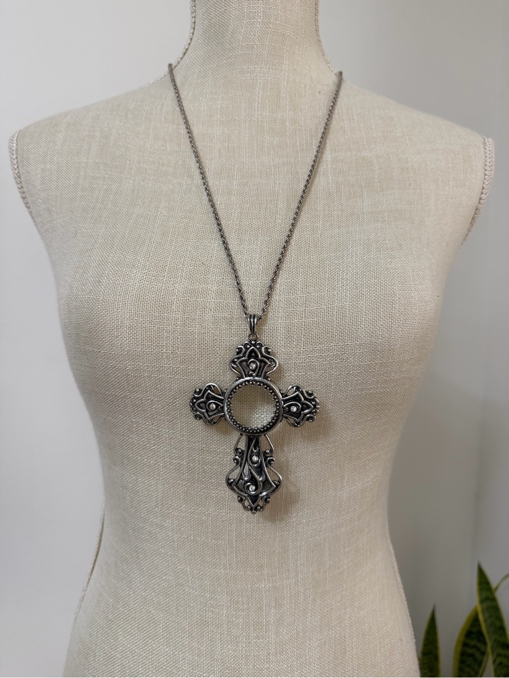 Magnifying Glass Cross Silver Toned Necklace
